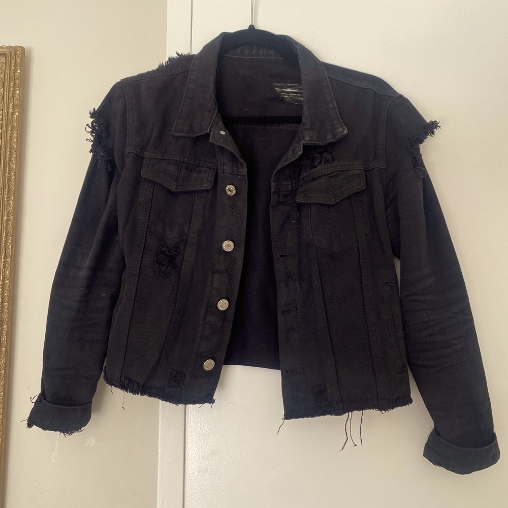 Black distressed cropped denim jacket